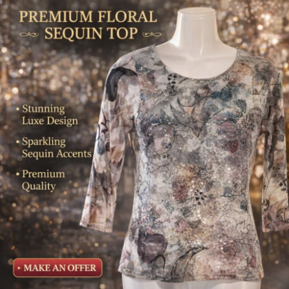 Impulse California Sequin Sparkly Floral Top 3/4 Sleeve Blouse Women's Small